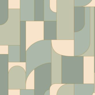   Art Deco vonalvezetésű absztrakt építészeti látomás menta és zsályazöld szürkészöld krém és arany tónus fémes hatás tapéta
