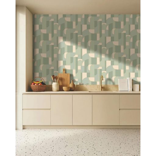 Art Deco vonalvezetésű absztrakt építészeti látomás menta és zsályazöld szürkészöld krém és arany tónus fémes hatás tapéta