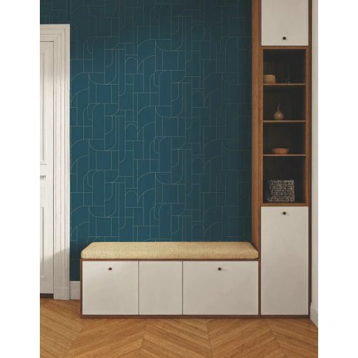 Art Deco vonalvezetésű absztrakt építészeti látomás krémfehér/krém és arany tónus fémes hatás tapéta