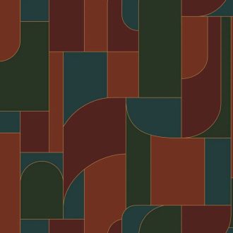   Art Deco vonalvezetésű absztrakt építészeti látomás sötétzöld terrakotta gránátvörös petrol és arany tónus fémes hatás tapéta