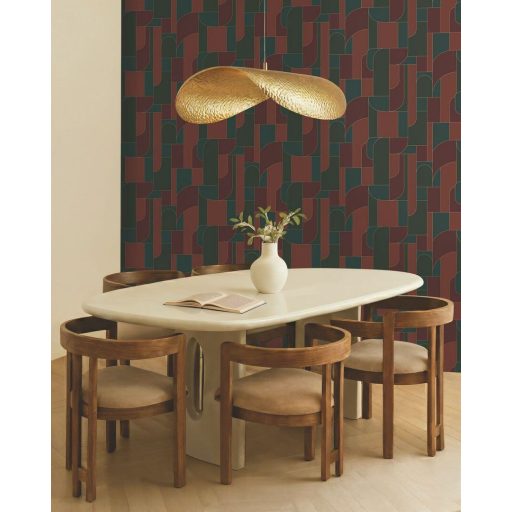 Art Deco vonalvezetésű absztrakt építészeti látomás sötétzöld terrakotta gránátvörös petrol és arany tónus fémes hatás tapéta