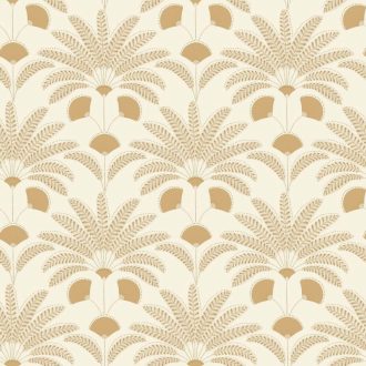   Stilizált pálmalevél motívum - ötvözi a trópusi bujaságot a kor szellemével krémfehér bézs és aranysárga tónus fémes hatás tapéta