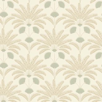   Stilizált pálmalevél motívum - ötvözi a trópusi bujaságot a kor szellemével krémfehér bézs szürkészöld és arany tónus fémes hatás tapéta