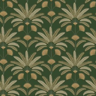   Stilizált pálmalevél motívum - ötvözi a trópusi bujaságot a kor szellemével palackzöld szürkészöld bézs és arany tónus fémes hatás tapéta