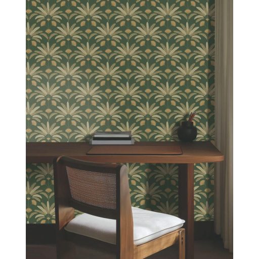 Stilizált pálmalevél motívum - ötvözi a trópusi bujaságot a kor szellemével palackzöld szürkészöld bézs és arany tónus fémes hatás tapéta
