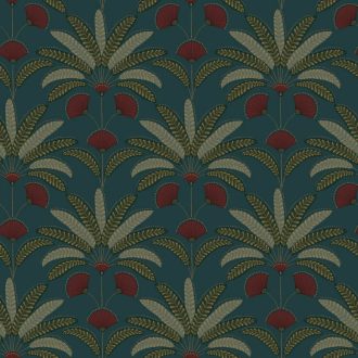   Stilizált pálmalevél motívum - ötvözi a trópusi bujaságot a kor szellemével zöldeskék (teal) olajzöld és gránátvörös tónus fémes hatás tapéta