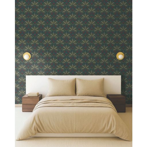Stilizált pálmalevél motívum - ötvözi a trópusi bujaságot a kor szellemével zöldeskék (teal) olajzöld és gránátvörös tónus fémes hatás tapéta