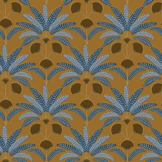   Stilizált pálmalevél motívum - ötvözi a trópusi bujaságot a kor szellemével mustár acélkék szürkéskék okker és arany/aranybarna tónus fémes hatás tapéta