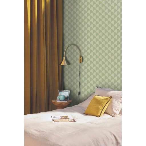 Ritmusos palmetta motívum az Art deco jegyében krémfehér mentazöld szürkészöld és arany/aranybarna tónus fémes hatás tapéta