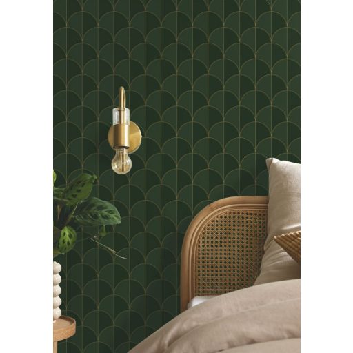 Ritmusos palmetta motívum az Art deco jegyében palackzöld smaragdzöld és arany tónus fémes hatás tapéta