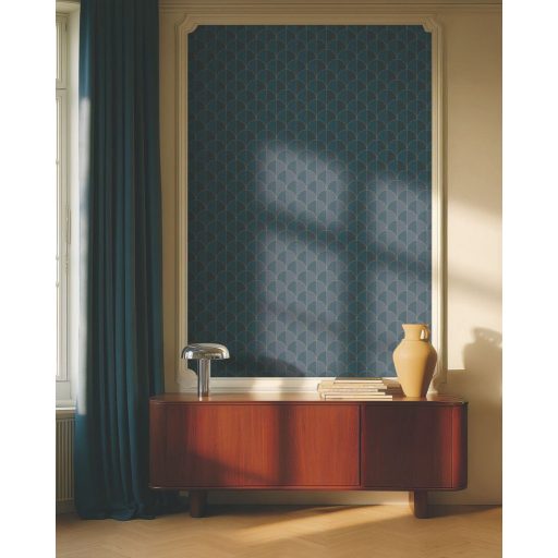 Ritmusos palmetta motívum az Art deco jegyében éjkék sötét petrolkék és arany tónus fémes hatás tapéta