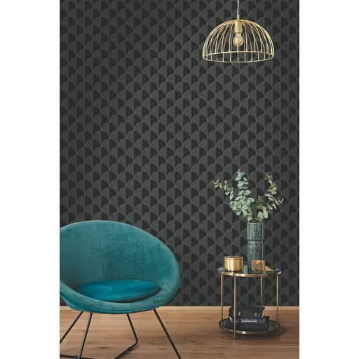 Ritmusos palmetta motívum az Art deco jegyében szénszürke éjfekete és arany tónus fémes hatás tapéta