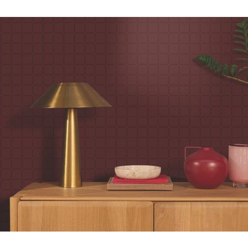 Minimalista rácsszerkezet az Art Deco fegyelmezett eleganciájával bordó/gránátvörös és finom arany tónus fémes hatás tapéta
