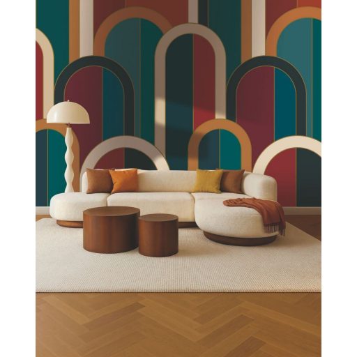 Monumentális ívek markáns függőleges elemek Art Deco kompozíciója "M" teal kékeszöld vörösesbarna narancssárga és krém tónus falpanel