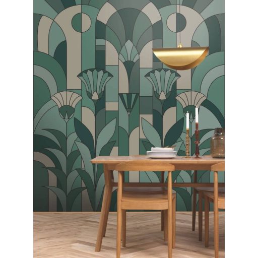 Stilizált pálmalevelek és ívek - életnagyságú ólomüveg ablak kompozíció "M" bézs smaragd olív és mentazöld tónus falpanel