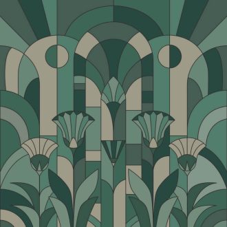   Stilizált pálmalevelek és ívek - életnagyságú ólomüveg ablak kompozíció "S" bézs smaragd olív és mentazöld tónus falpanel