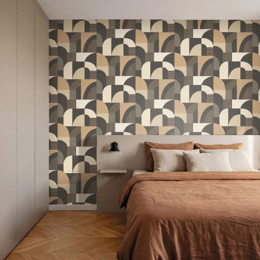 A fegyelmezett geometria és a kortárs elegancia találkozása szén és grafitszürke mogyoró meleg homokszín és krém tónus tapéta