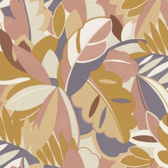   Absztrakt trópusi levélminta némi retro feeling-gel mézes arany bézs/homokszín barackos-rózsaszín és lágy szürkéskék tónus tapéta