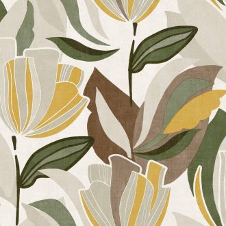   Modern stilizált absztrakt botanikai - Tulipán - design krémszín mustársárga olívzöld barna és bézs tónus tapéta