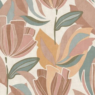   Modern stilizált absztrakt botanikai - Tulipán - design krémszín barack-rózsaszín mustársárga barna és türkizzöld tónus tapéta