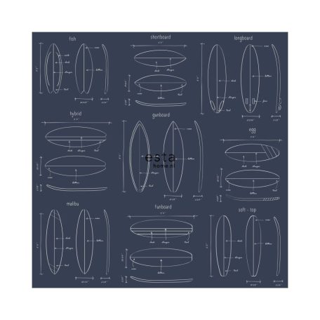 Szörfdeszkák műszaki rajza méret és technikai paraméterei sötétkék/tengerészkék és fehér tónus tapéta
