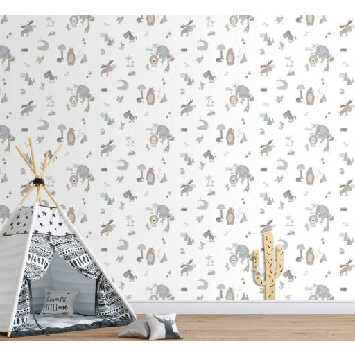 Gyerekszobai - Kedves álllatok és természeti motívumok fehér szürke barna kék zöldeskék és piros tónus tapéta