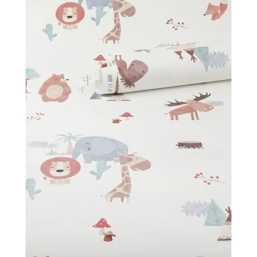 Gyerekszobai - Kedves álllatok és természeti motívumok fehér szürke barna kék zöldeskék és piros tónus tapéta
