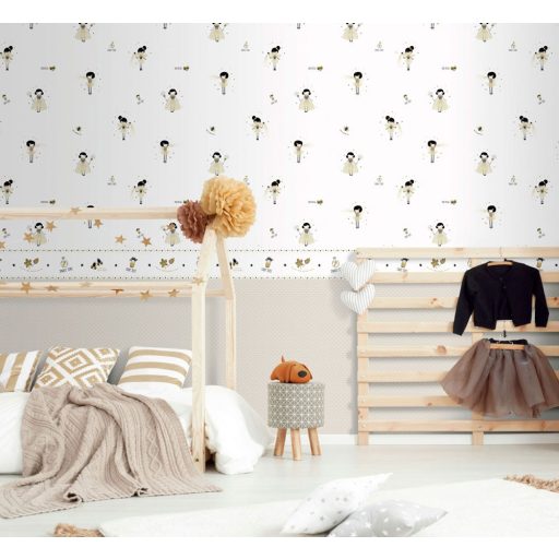 Gyerekszobai - Tündérmese - varázslatos tündér motívumok fehér fekete mustár és okkersárga tónus tapéta