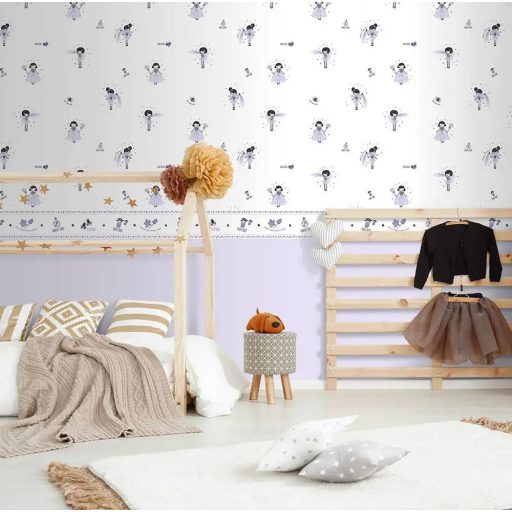 Gyerekszobai - Tündérmese - varázslatos tündér motívumok fehér lila és fekete tónus tapéta