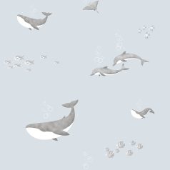   Tengeri állatvilág - Bálnák ráják delfinek és halrajok szürke/világoskék fehér és szürke tónus gyerekszobai tapéta