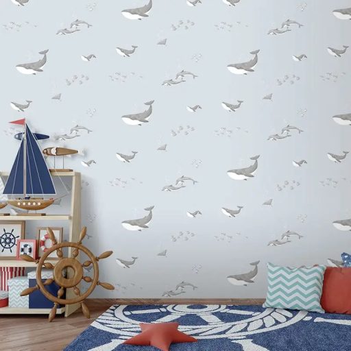 Tengeri állatvilág - Bálnák ráják delfinek és halrajok szürke/világoskék fehér és szürke tónus gyerekszobai tapéta