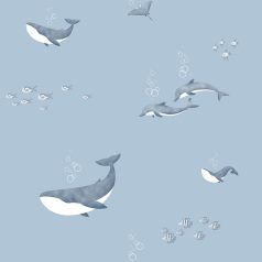   Tengeri állatvilág - Bálnák ráják delfinek és halrajok világoskék fehér és kék tónus gyerekszobai tapéta