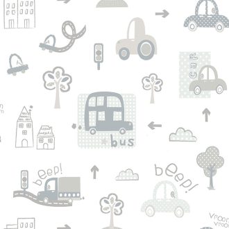   Városi motívum - változatos autók mintája fehér bézs szürke kék és szürkészöld tónus gyerekszobai tapéta