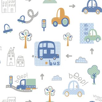   Városi motívum - változatos autók mintája fehér szürke és szines gyerekszobai tapéta