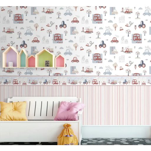 Városi motívum - változatos autók mintája fehér szürke kék piros és világoskék tónus gyerekszobai tapéta