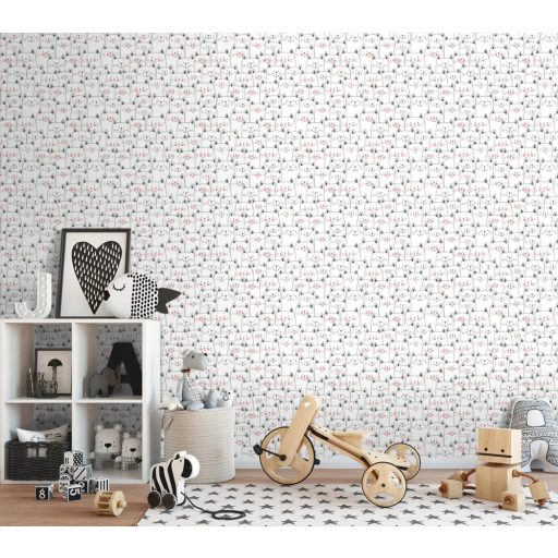 Gyerekszobai - Érdeklődő cicák tömött sorokban fehér fekete rózsaszín és piros tónus tapéta