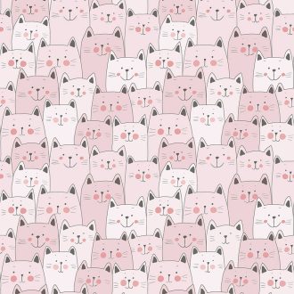   Gyerekszobai - Érdeklődő cicák tömött sorokban törtfehér rózsaszín pink és fekete tónus tapéta