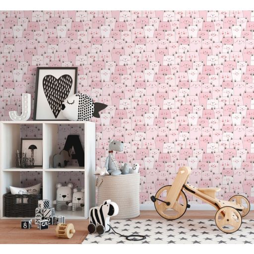 Gyerekszobai - Érdeklődő cicák tömött sorokban törtfehér rózsaszín pink és fekete tónus tapéta