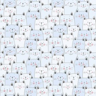   Gyerekszobai - Érdeklődő cicák tömött sorokban törtfehér szürke kék/világoskék rózsaszín és fekete tónus tapéta