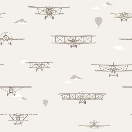 Kétfedeles géppel a felhők között - Repülők és léghajók bézs barna fehér és sárga tónus gyerekszobai tapéta