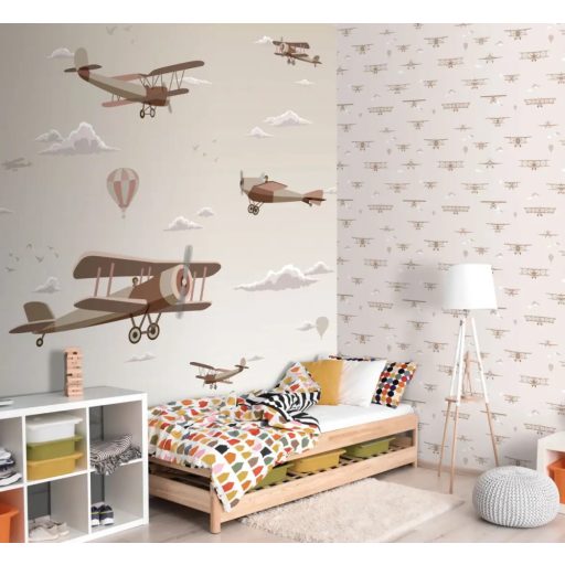 Kétfedeles géppel a felhők között - Repülők és léghajók bézs barna fehér és sárga tónus gyerekszobai tapéta