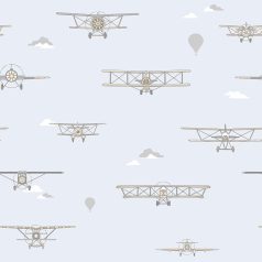   Kétfedeles géppel a felhők között - Repülők és léghajók világoskék barna fehér és sárga tónus gyerekszobai tapéta