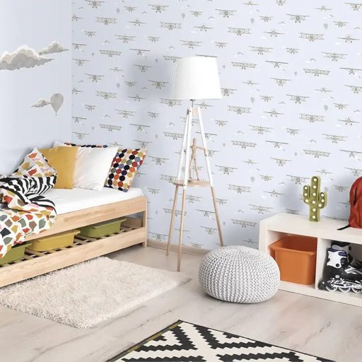 Kétfedeles géppel a felhők között - Repülők és léghajók világoskék barna fehér és sárga tónus gyerekszobai tapéta