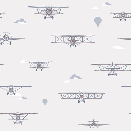 Kétfedeles géppel a felhők között - Repülők és léghajók szürke/szürkésbézs kék barna és fehér tónus gyerekszobai tapéta