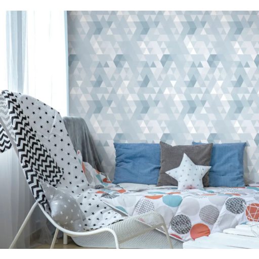 Kaleidoszkópra emlékeztető modern geometrikus minta fehér világoskék és kék tónus tapéta