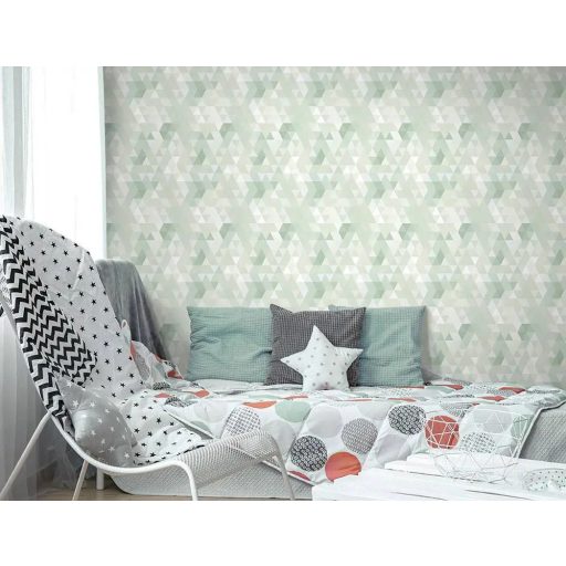 Kaleidoszkópra emlékeztető modern geometrikus minta törtfehér világoszöld és zöld tónus tapéta