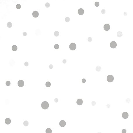 Változatos méretű és elhelyezkedésű pöttyök mintája fehér világos és sötétszürke tónus gyerekszobai tapéta