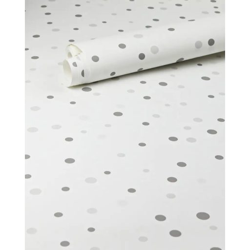 Változatos méretű és elhelyezkedésű pöttyök mintája fehér világos és sötétszürke tónus gyerekszobai tapéta