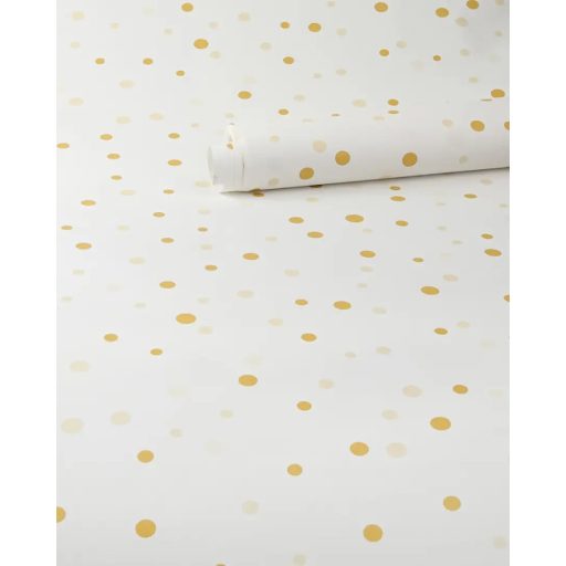 Változatos méretű és elhelyezkedésű pöttyök mintája fehér okker és mustársárga tónus gyerekszobai tapéta