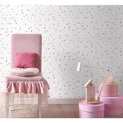 Változatos méretű és elhelyezkedésű pöttyök mintája fehér rózsaszín és pink tónus gyerekszobai tapéta